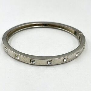Vintage Silver Tone Hinged Bangle Bracelet Square Clear Crystal Accents Chic